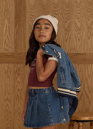 Model Wearing Rylee + Cru Pleated Denim Skirt || Indigo Denim
