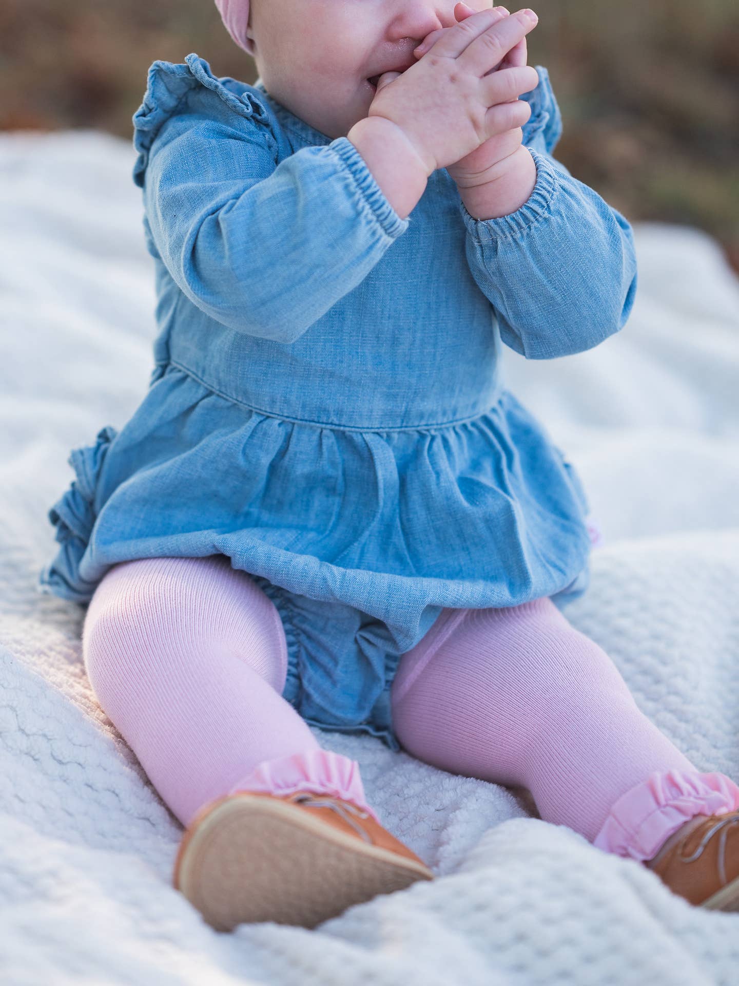 Rufflebutts + Ruggedbutts Baby Girls Light Wash Denim Long Sleeve Flutter Bubble Romper