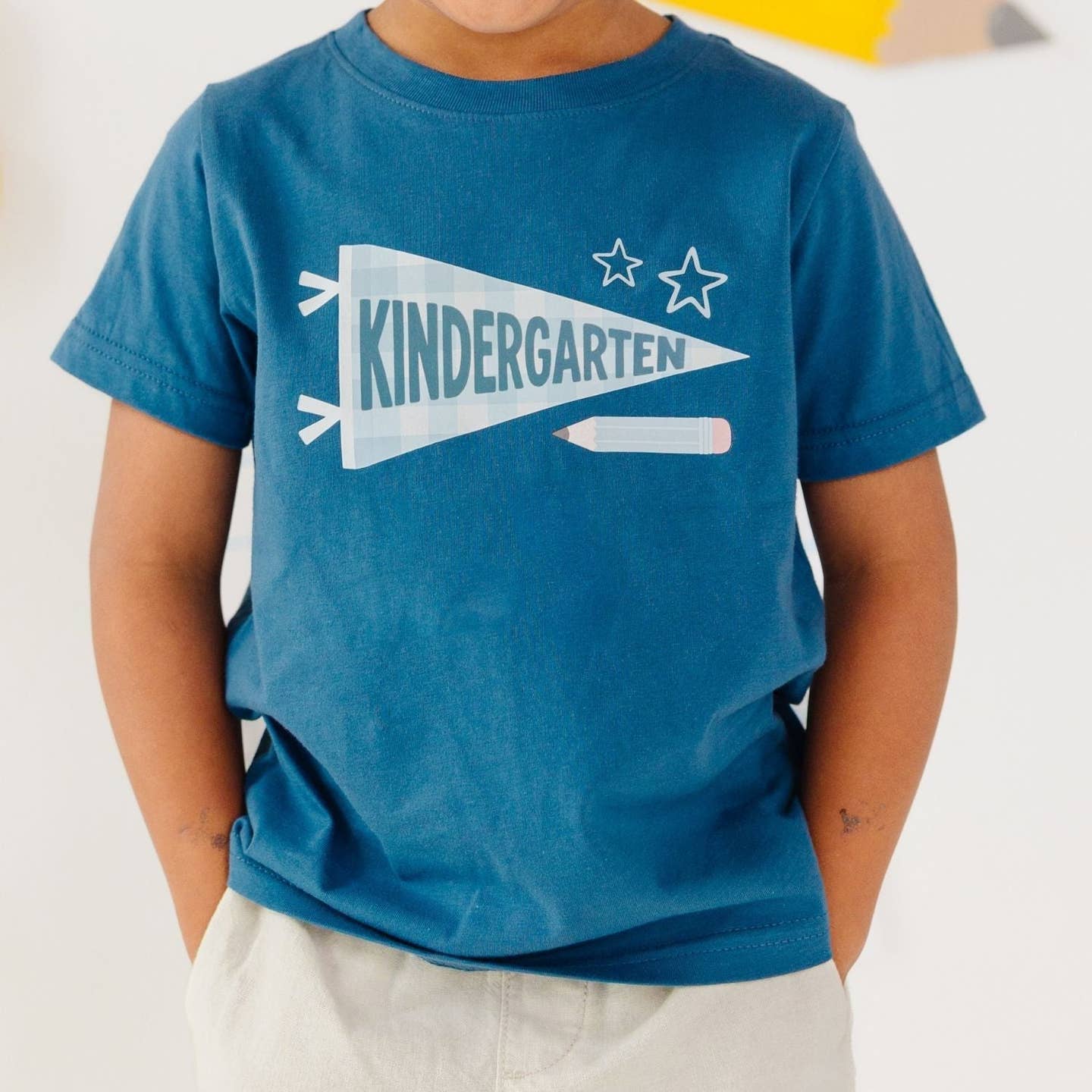 Model Wearing Sweet Wink Kindergarten Pennant Short Sleeve T-Shirt - Boys Clothing