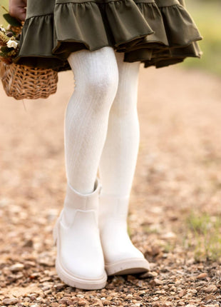 Model Wearing Little Stocking Co. Ivory Cable Knit Tights