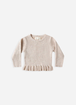 Quincy Mae Rib Knit Peplum Top || Heathered Oatmeal Front 