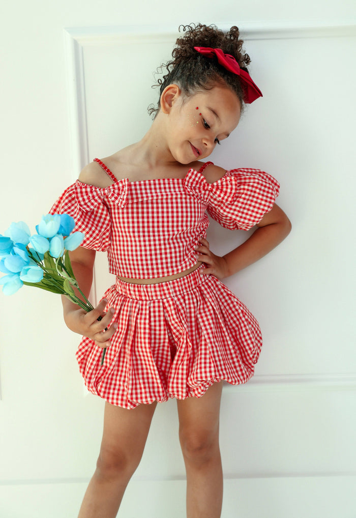 Model Wearing Lola And The Boys Plaid Bow Bubble Skort Set