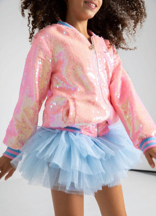 Model Wearing Lola And The Boys Pretty in Pink Unicorn Sequin Bomber