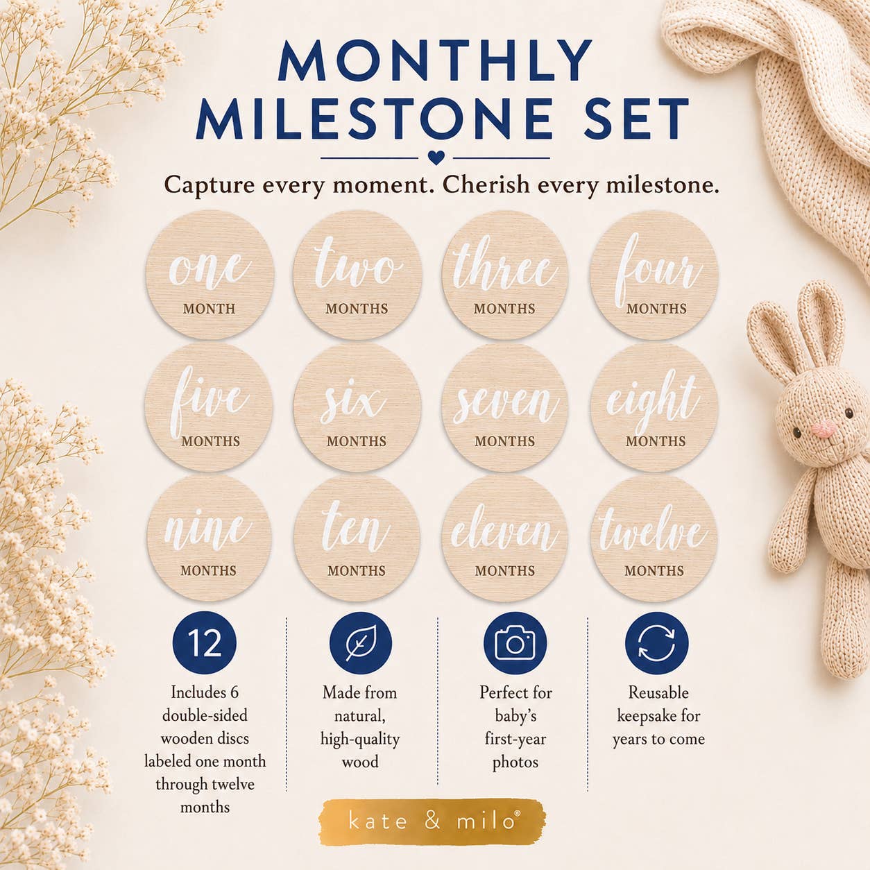 Kate & Milo Wooden Monthly Milestone Photo Props Discs, White Script