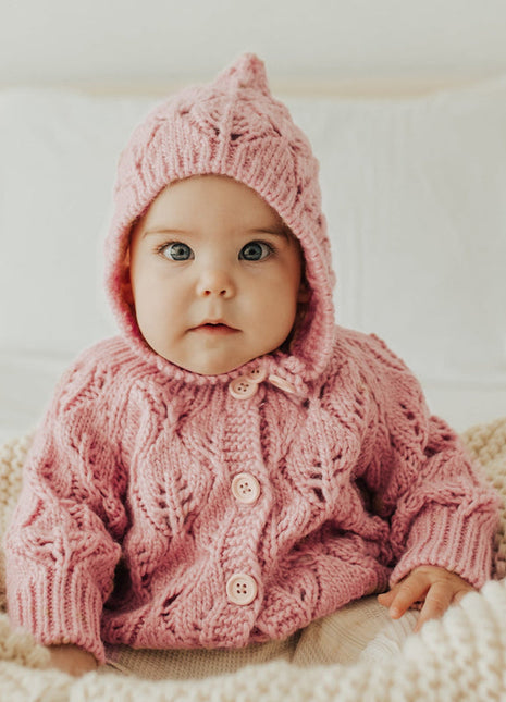 Model Wearing Huggalugs Leaf Lace Bonnet Rosy
