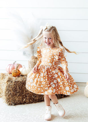 Model Wearing Mila & Rose Golden Blooms 3/4 Sleeve Ruffle Twirl Dress