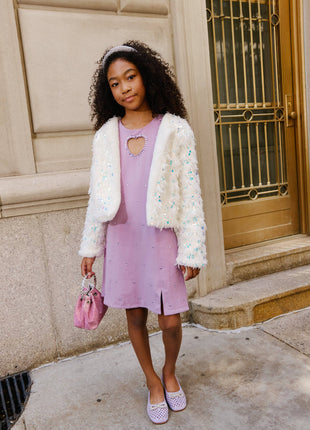 Model Wearing Lola And The Boys Snow Sparkle Plush Sequin Jacket