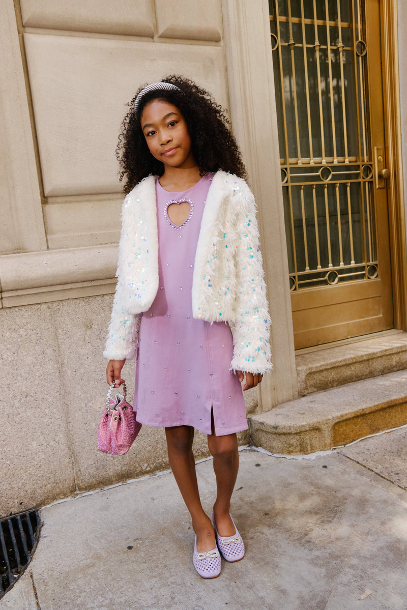 Model Wearing Lola And The Boys Snow Sparkle Plush Sequin Jacket