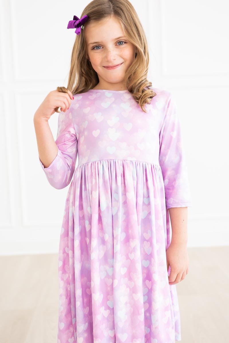 Model Wearing Mila & Rose Love Story 3/4 Sleeve Pocket Twirl Dress