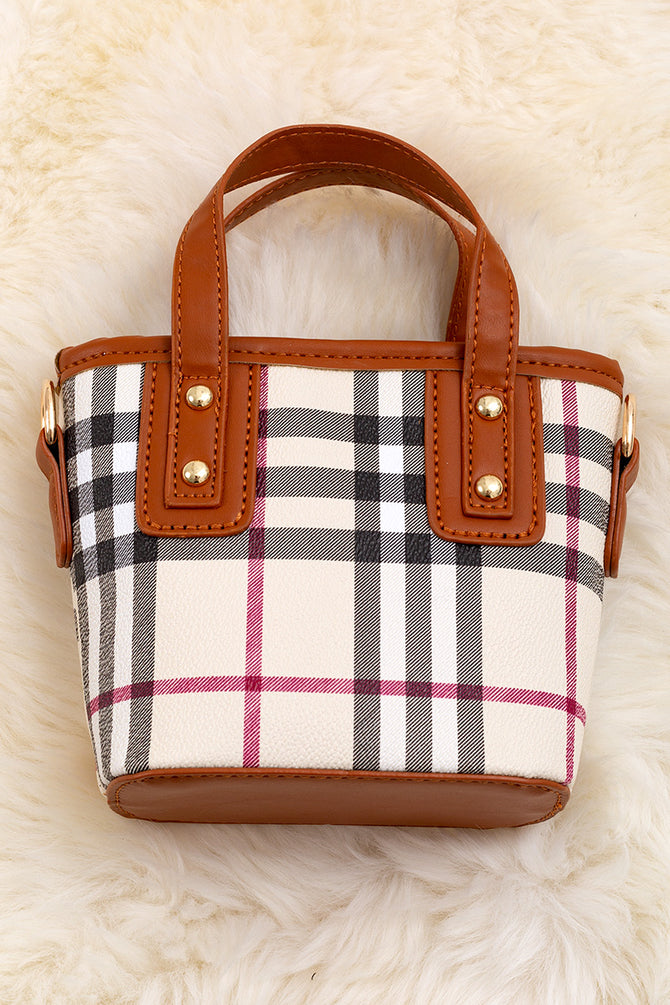 Kids Charm Online Plaid printed mini tote bag with caramel trim. BBG40031 M 