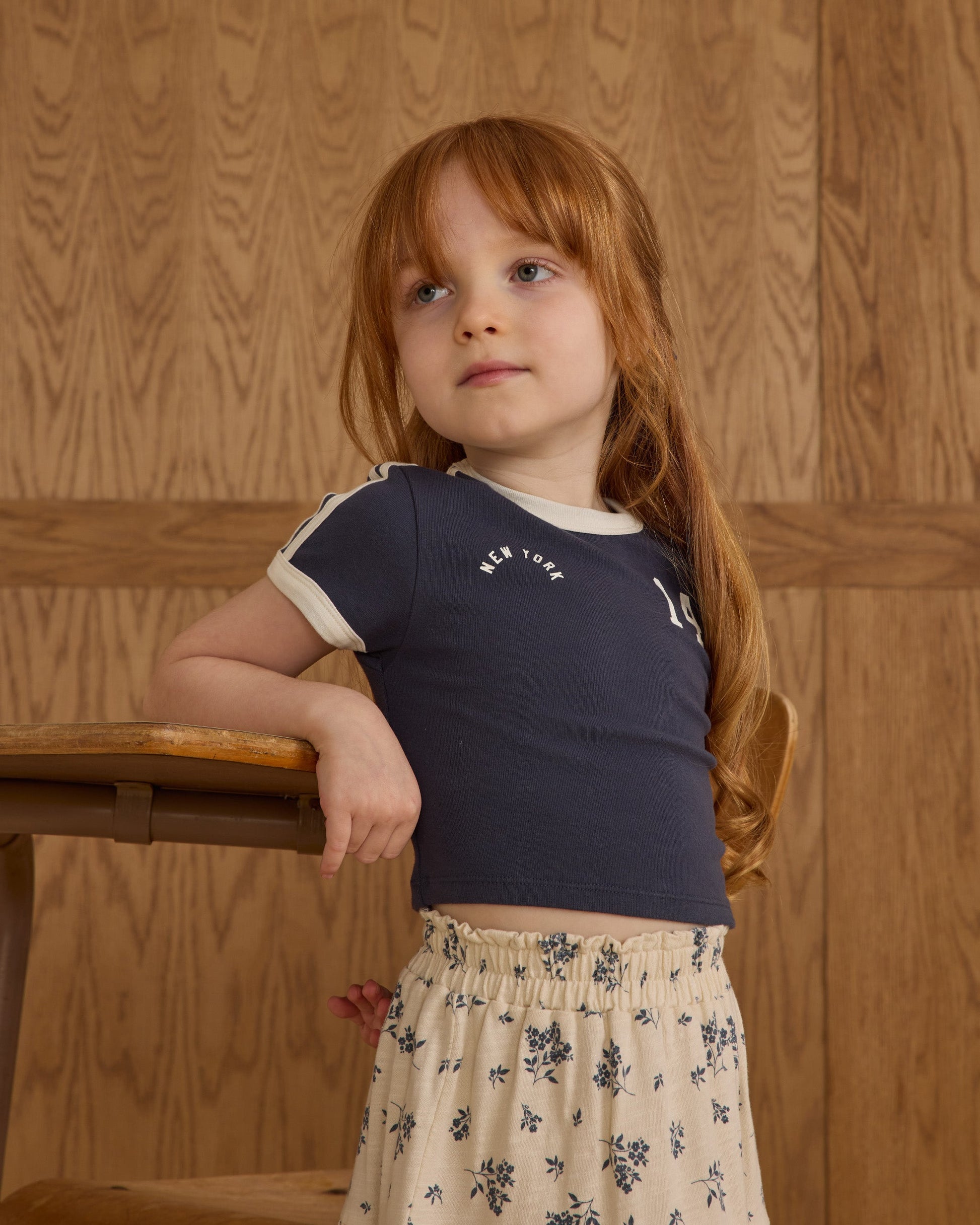 Model Wearing Rylee + Cru Baby Tee || Navy