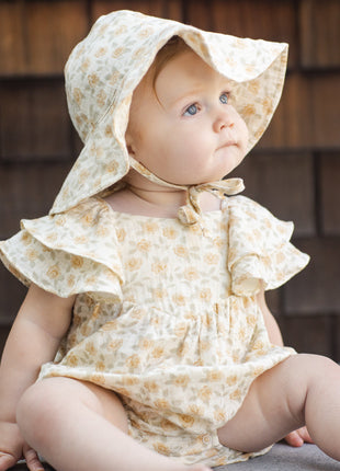 Model Wearing Rylee & Cru Roxy Romper || Yellow Floral