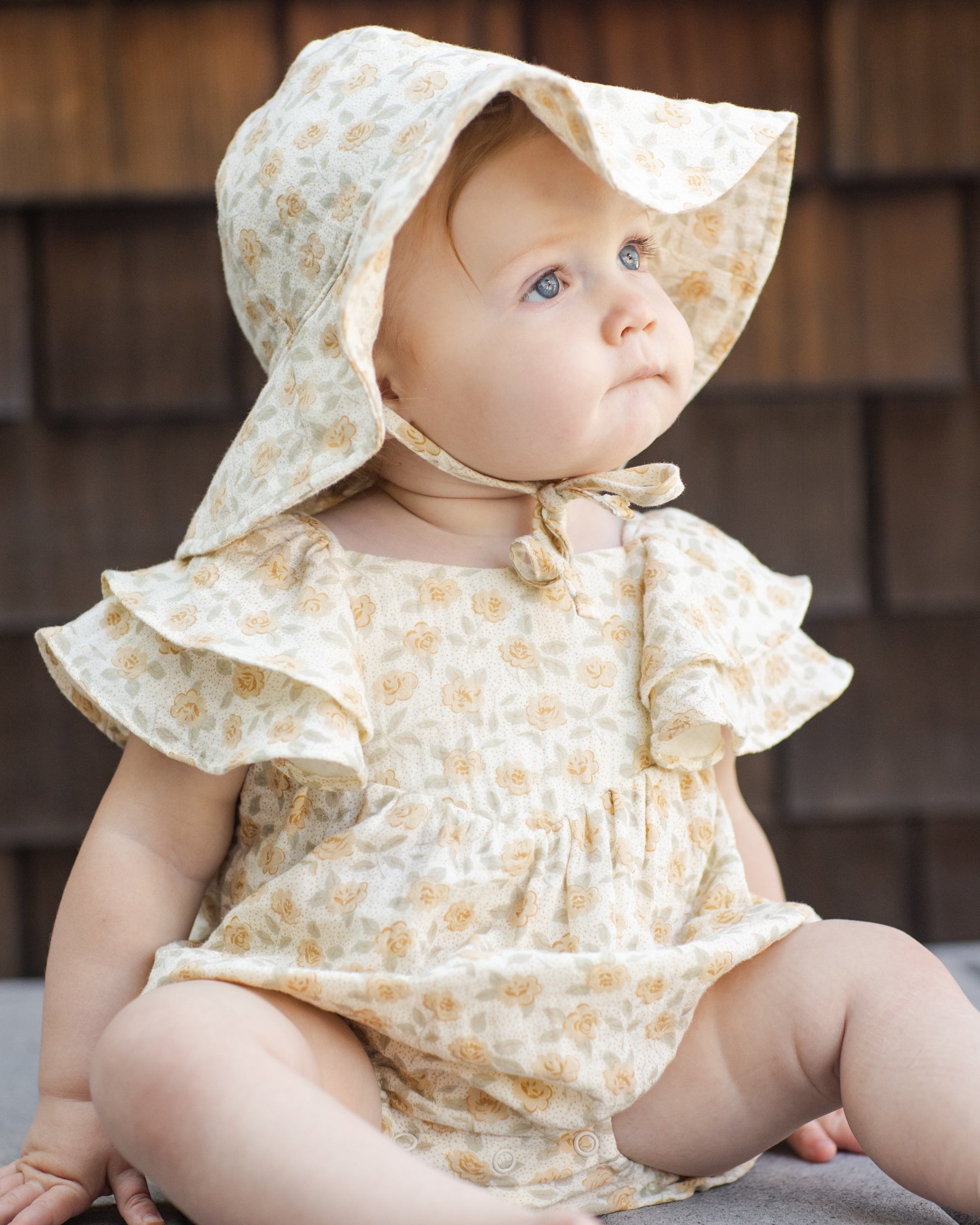Model Wearing Rylee & Cru Roxy Romper || Yellow Floral