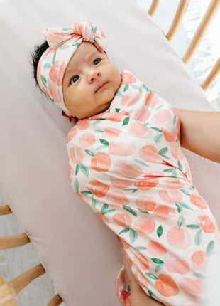 Model Wearing Lou Lou & Company Georgia Headband & Swaddle