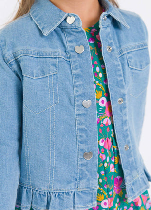 Model Wearing Rufflebutts & Ruggedbutts Girls Light Wash Denim Stretch Denim Ruffle Jean Jacket with Heart Buttons