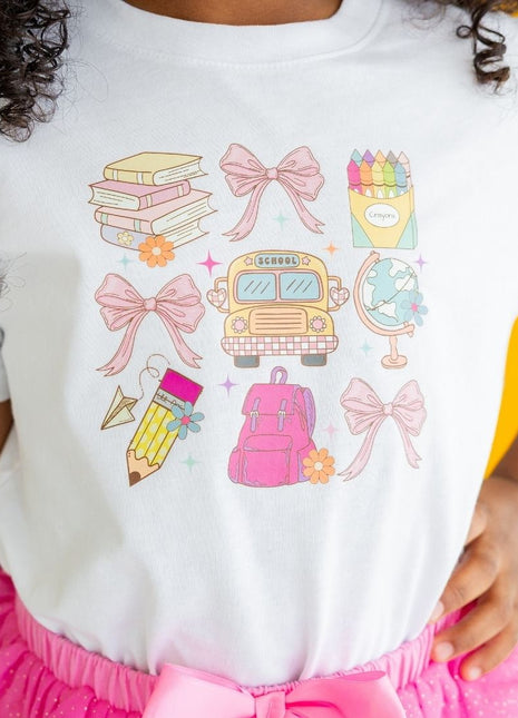 Model Wearing Sweet Wink Coquette School Doodle Short Sleeve T-Shirt - White