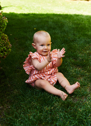 Model Wearing Pink Chicken Baby Girls Abigail 2-Piece Set - Orange Pink Stripe