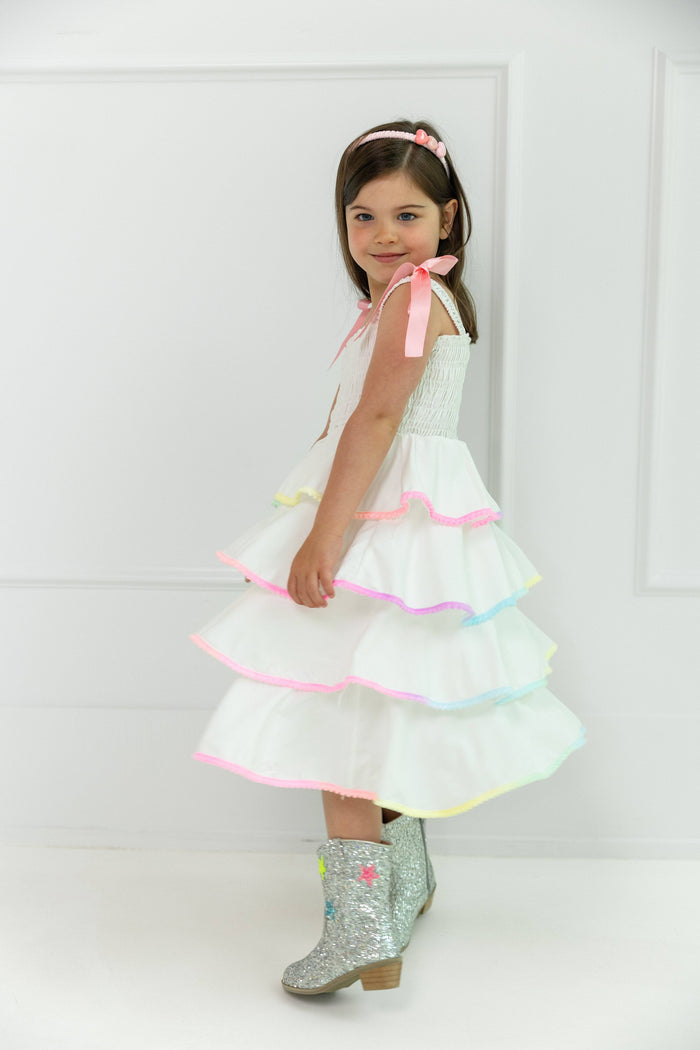 Model Wearing Lola And The Boys Rainbow Tiered Bow Dress