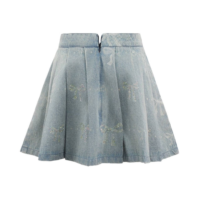 Lola And The Boys Sparkle Bows Denim Pleated Skirt Back