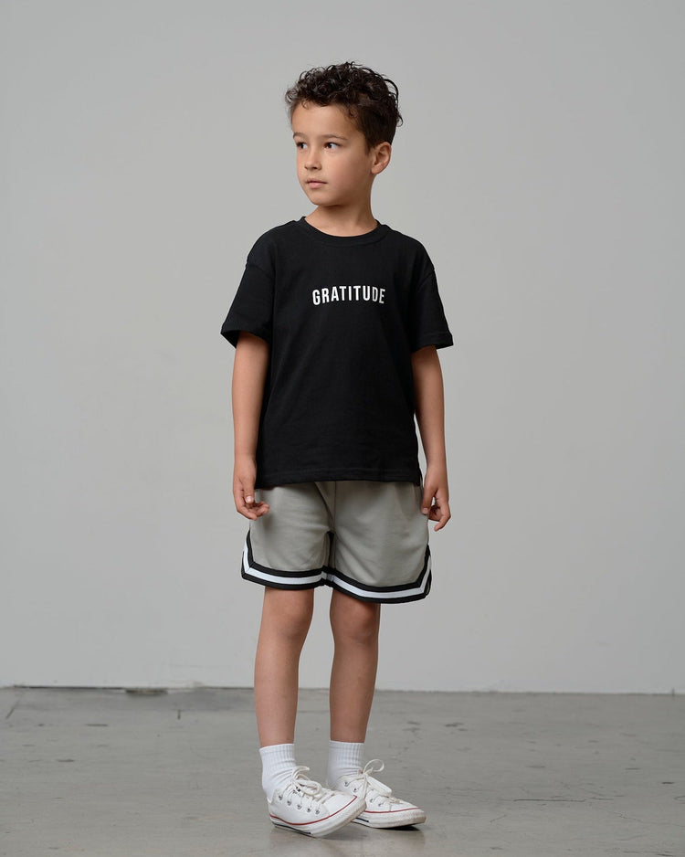 Model Wearing Little Bipsy Varsity Mesh Short - Grey