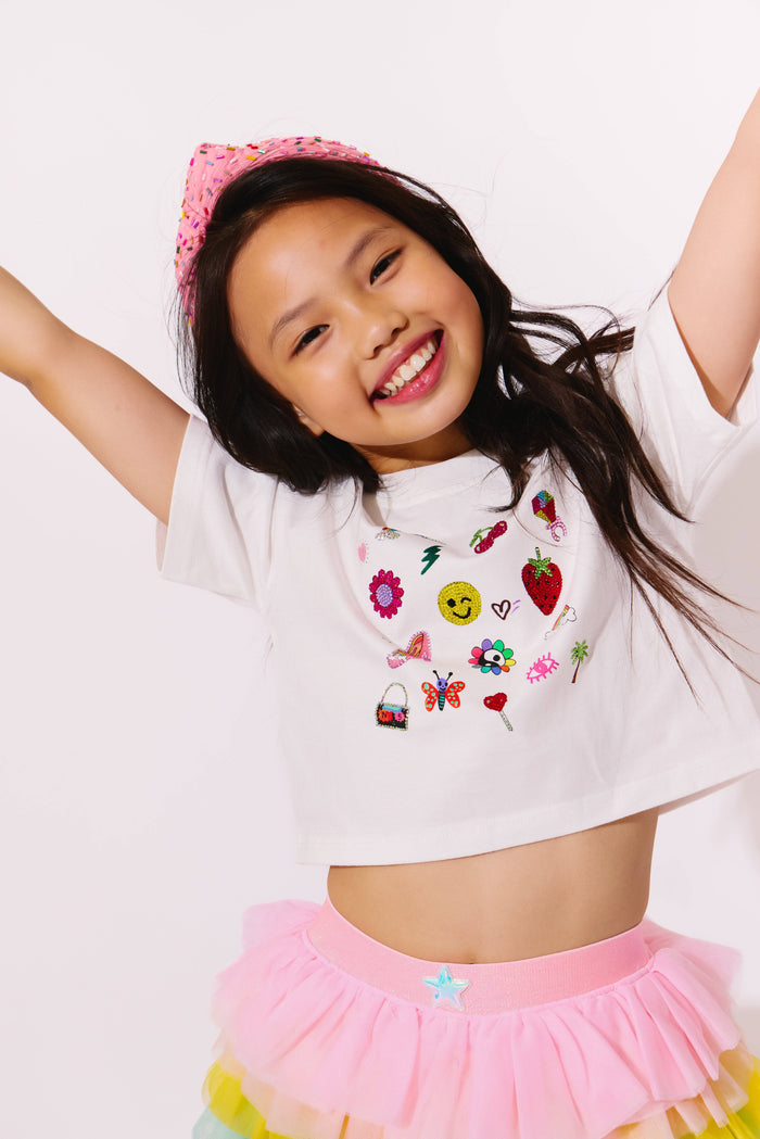 Model Wearing Lola And The Boys Sparkle Doodle Crop T-shirt
