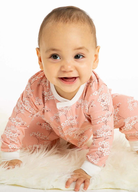 Model Wearing Magnetic Me cherry blossom modal magnetic fuss free coverall