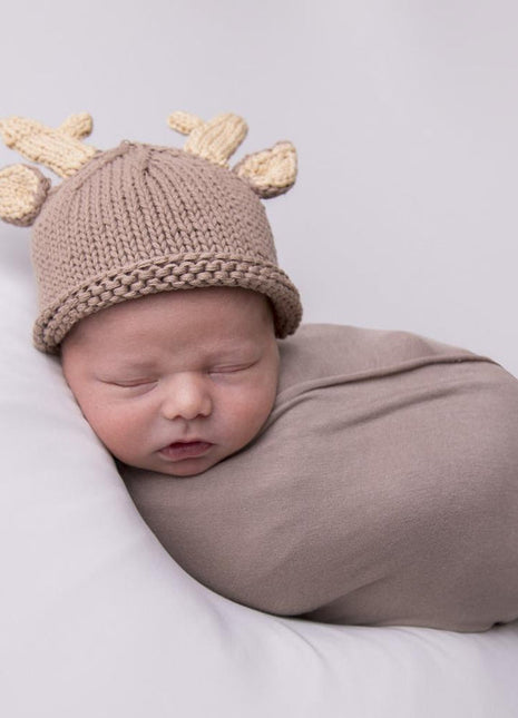 Model Wearing Huggalugs Newborn Buck Beanie Hat