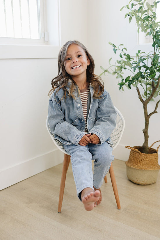 Model Wearing Olive + Scout Briggs Denim Jacket