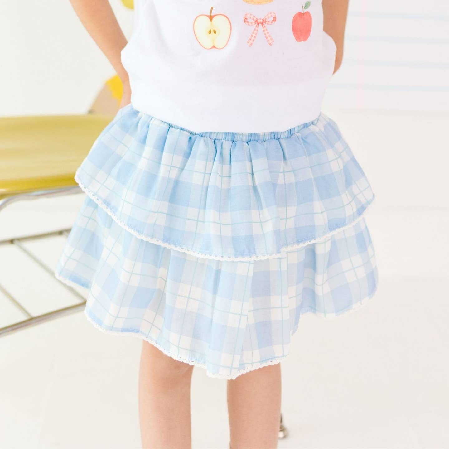 Model Wearing Sweet Wink Blue Plaid Skort - Back To School - Kids Boutique Clothing