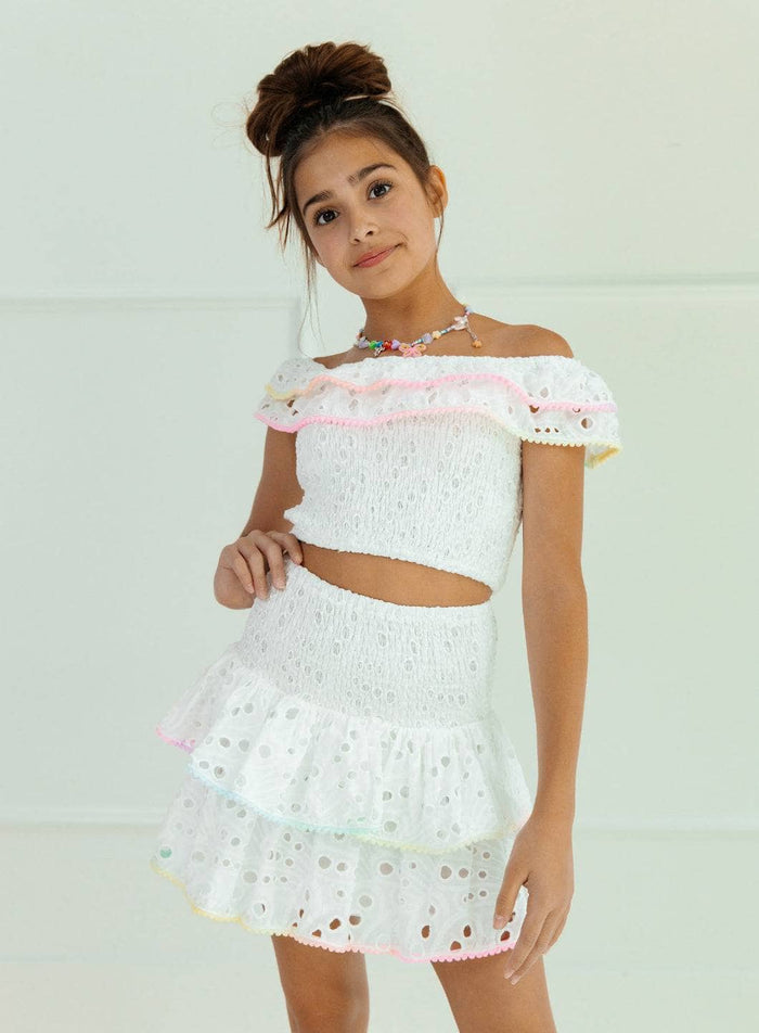 Model Wearing Lola And The Boys Rainbow Fancy Eyelet Set