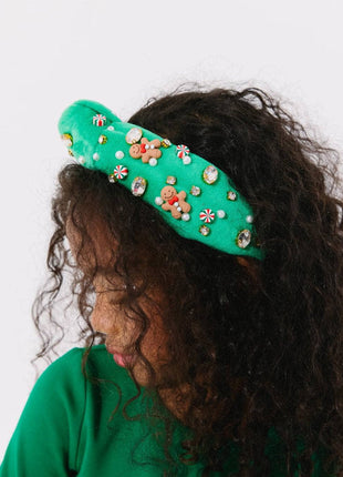Model Wearing Lola And The Boys Gingerbread and Pearl Decor Headband