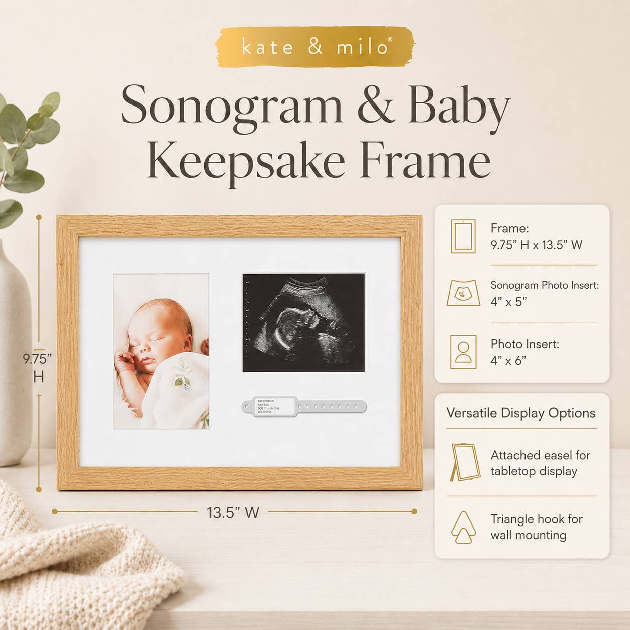 Kate & Milo Hospital Id Bracelet, Photo & Sonogram Frame, Natural