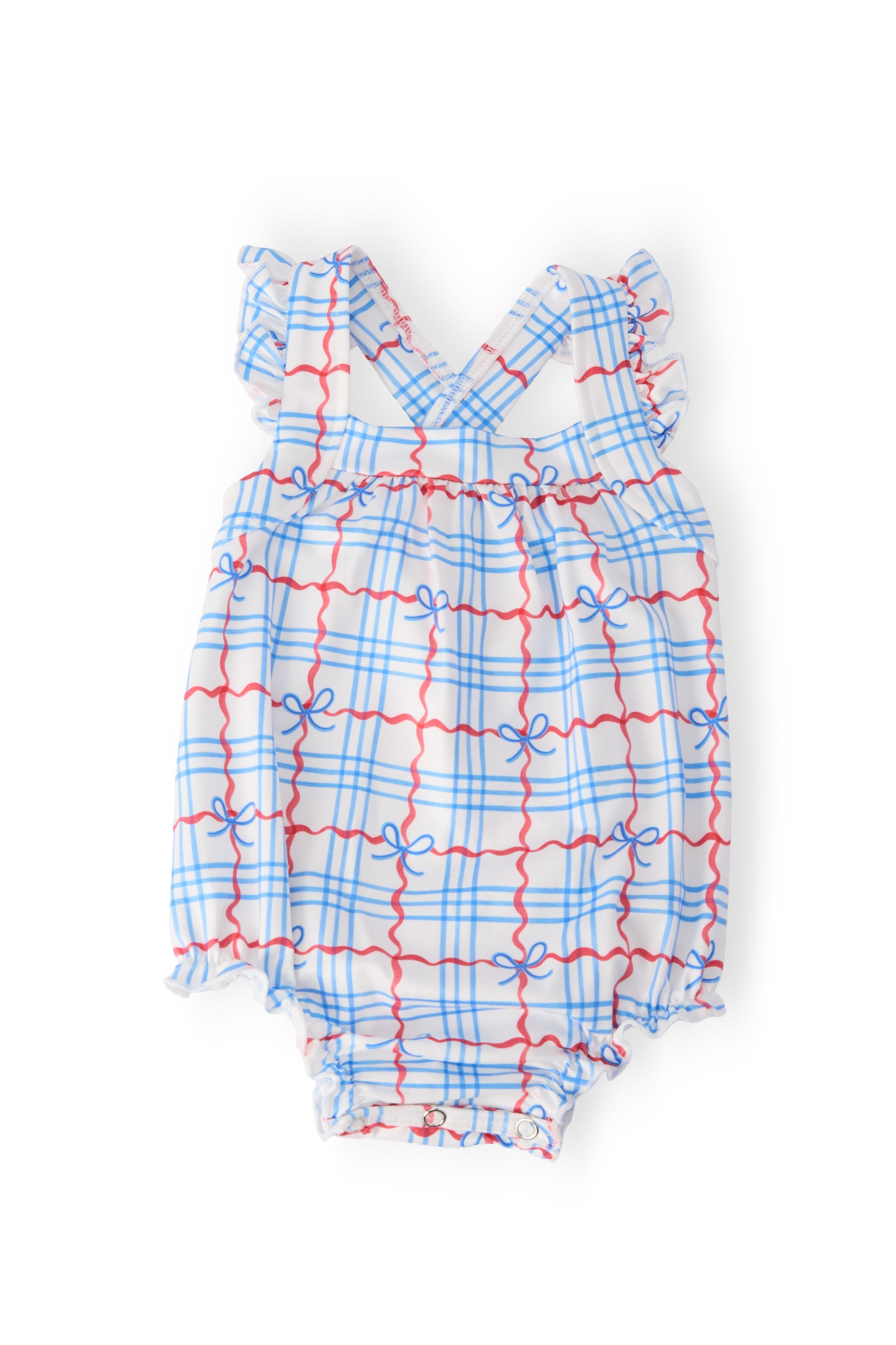 Mila & Rose Patriotic Picnic Ruffle Cross Back Romper Front