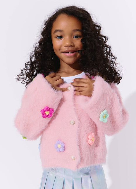 Model Wearing Lola And The Boys 3D Rainbow Daisy Cardigan