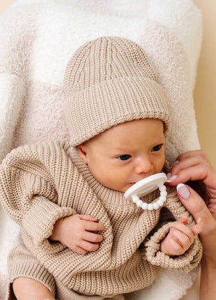 Model Wearing Knit Beanie - Tan