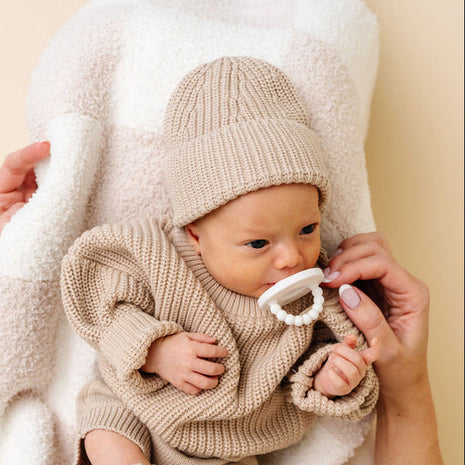 Model Wearing Knit Beanie - Tan