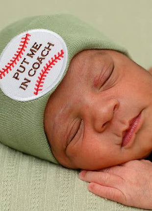 Model Wearing Ilybean Put Me in Coach Baby Baseball Hat Newborn Baby Hospital Hat