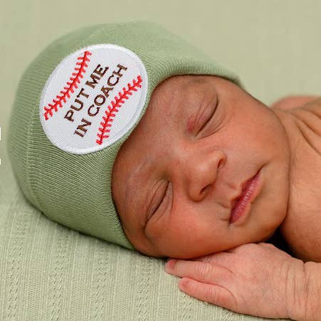 Model Wearing Ilybean Put Me in Coach Baby Baseball Hat Newborn Baby Hospital Hat
