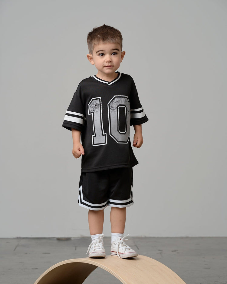 Model Wearing Little Bipsy Varsity Mesh Short - Black