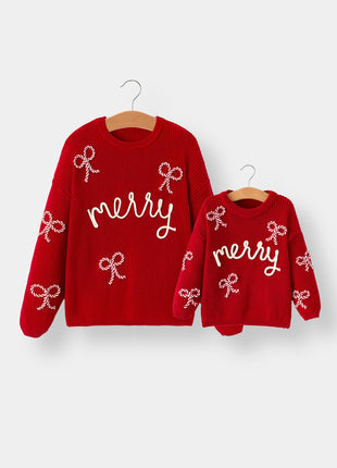 Rylee Faith Designs Mom and Me Winter Christmas Red "Merry" Pullover Sweater