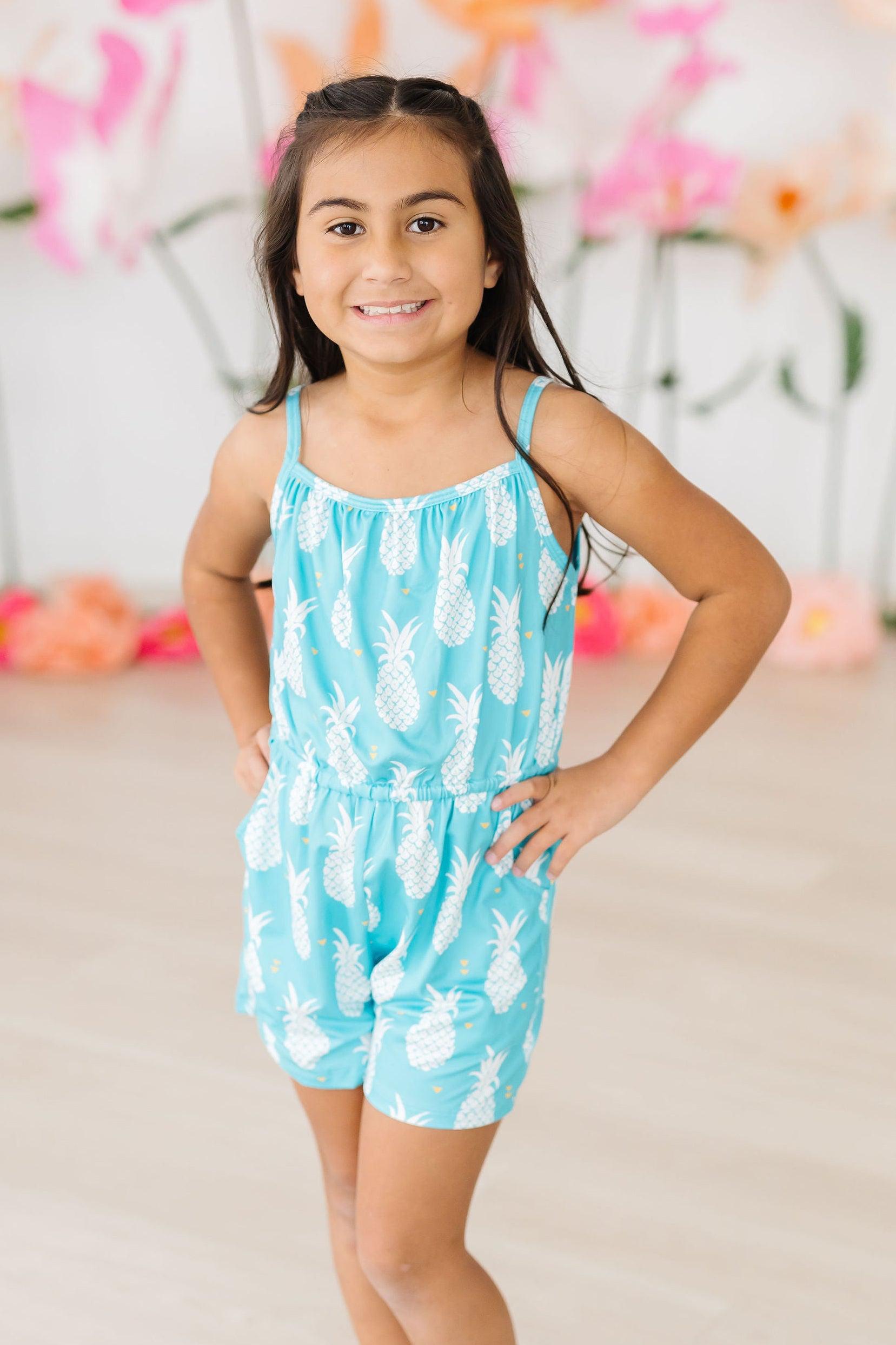 Model Wearing Mila & Rose Pineapple Party Strappy Play Romper