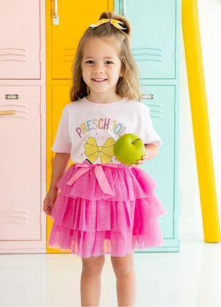 Model Wearing Sweet Winks Preschool Pencil Bow Short Sleeve T-Shirt - Ballet