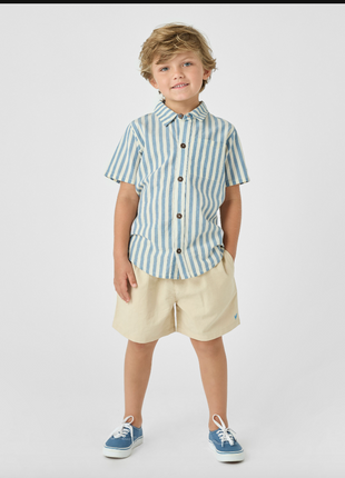 Model Wearing Pink Chicken Boys Jack Shirt - Blue Stripe Front
