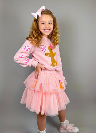 Model Wearing Three Wildflower Designs Holiday Gingerbread Patched Tulle Skirt | Christmas 