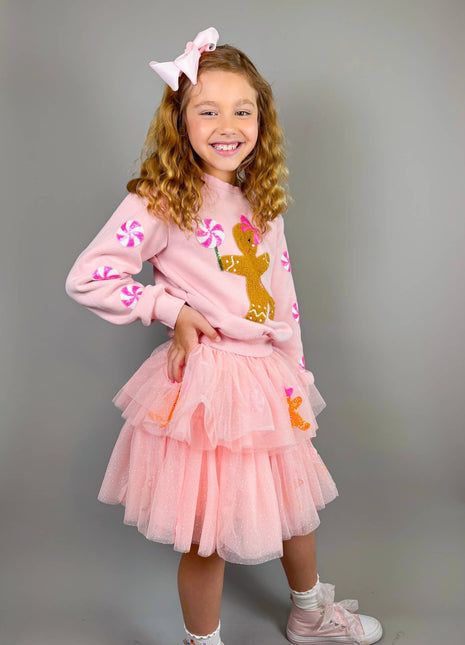 Model Wearing Three Wildflower Designs Holiday Gingerbread Patched Tulle Skirt | Christmas 