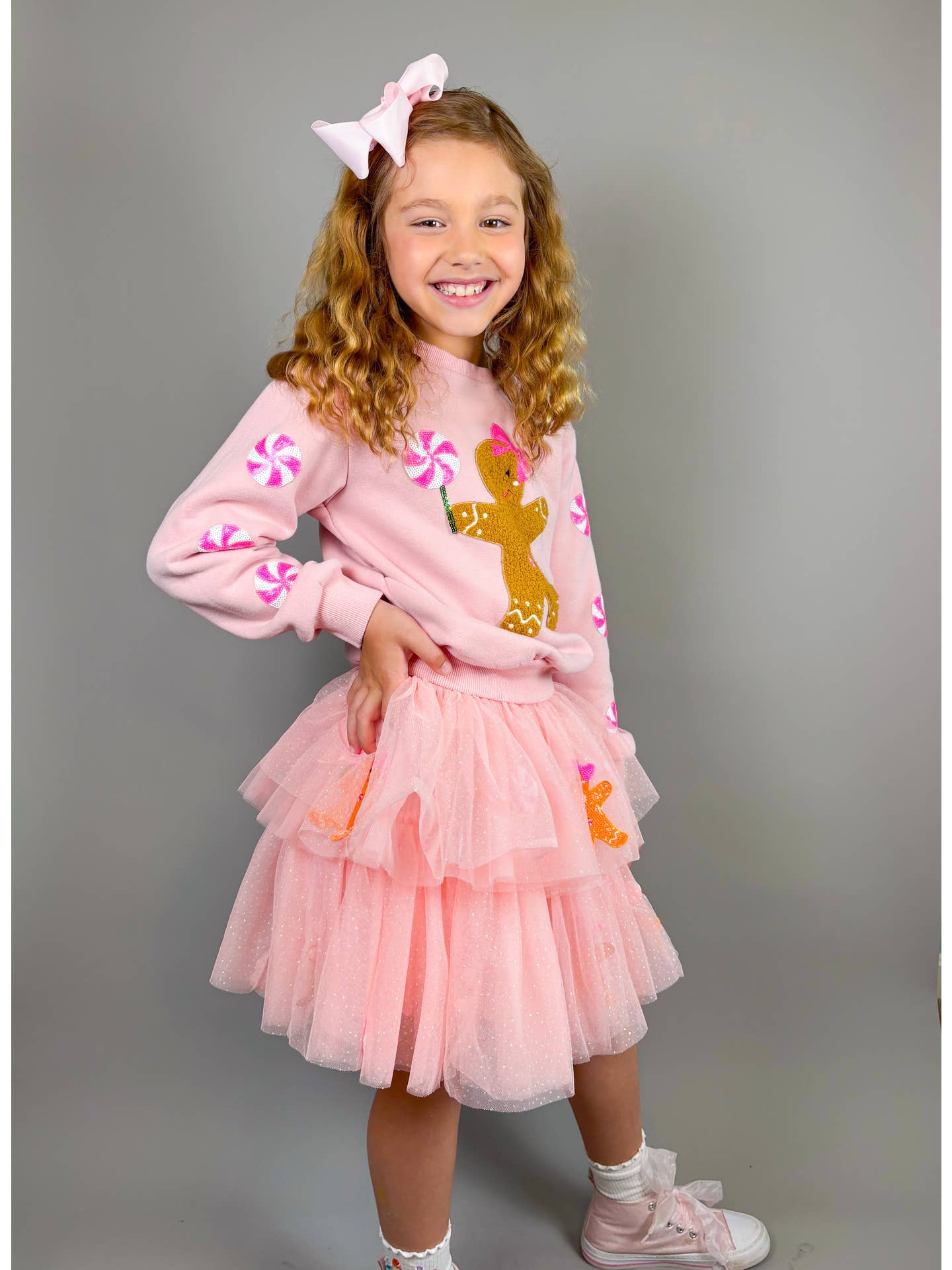 Model Wearing Three Wildflower Designs Holiday Gingerbread Patched Tulle Skirt | Christmas 
