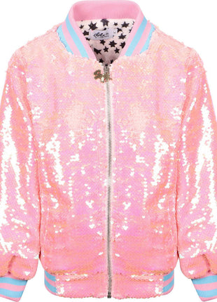 Lola And The Boys Pretty in Pink Unicorn Sequin Bomber - Front 