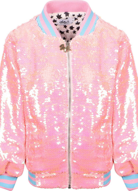 Lola And The Boys Pretty in Pink Unicorn Sequin Bomber - Front 