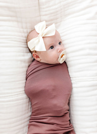 Model Wearing Lou Lou & Company Satin Bow - Cream Headband