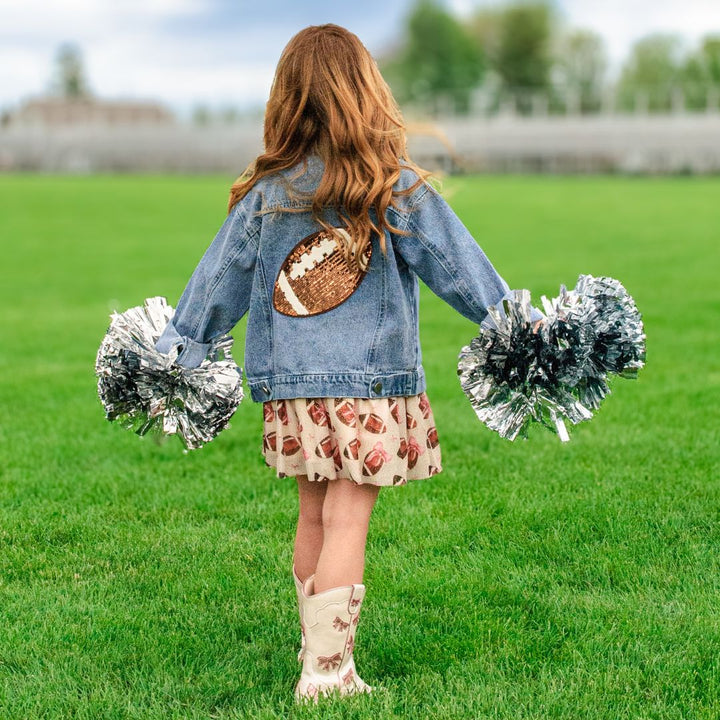 Model Wearing Sweet Wink Game Day Football Sequin Patch Denim Jacket